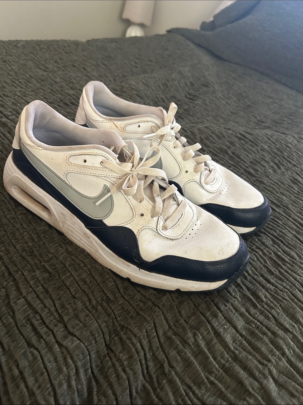 Nike Men's White and Navy Low-Top Sneakers with Light Gray Swoosh